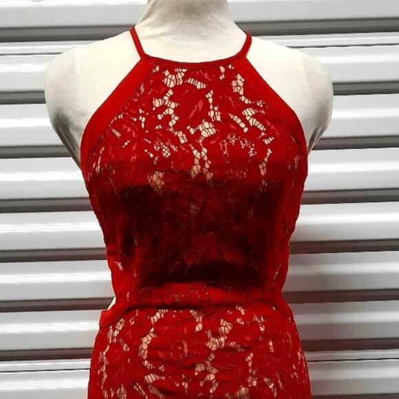 The Room Halter Mini Dress Sz Medium Red Lace Sheer Overlay Sexy Cocktail Party - Picture 4 of 10